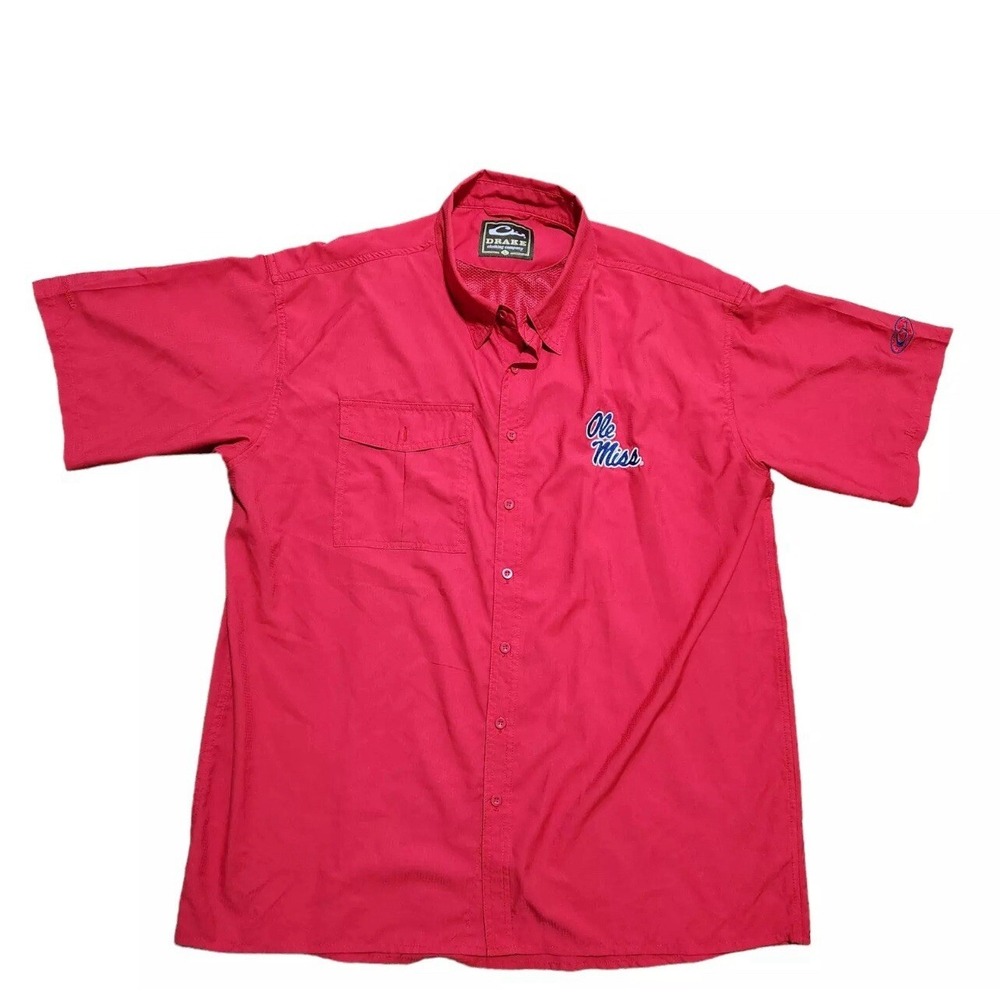 Drake Ole Miss Colonel Reb Button Down Shirt M Red Men Embroidered Breathable